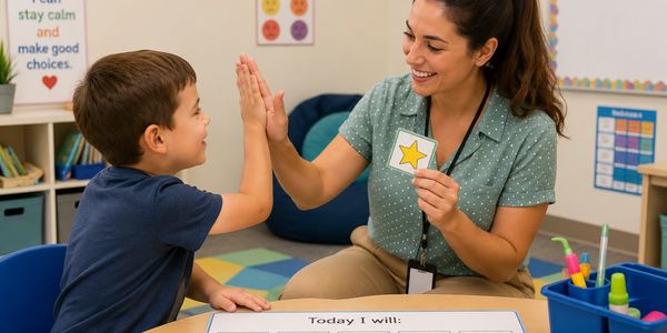 Teacher high-fives young student holding a star card.