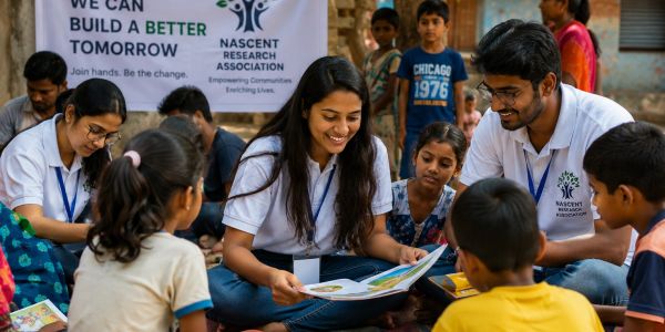 Volunteers teaching children outdoors with smiles.