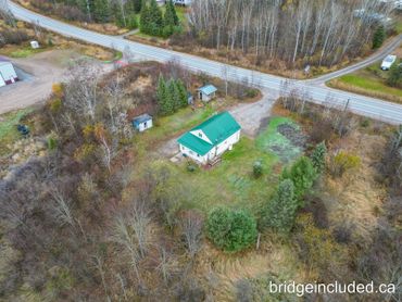 A solitary house with a green roof surrounded by trees near a road.