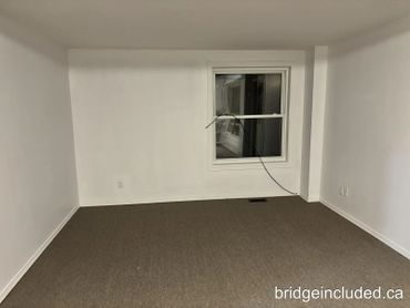 Empty room with beige carpet and a small window with a loose cable hanging.