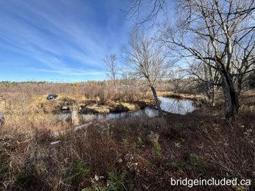 A serene rural landscape with a small creek and a wooden bridge.