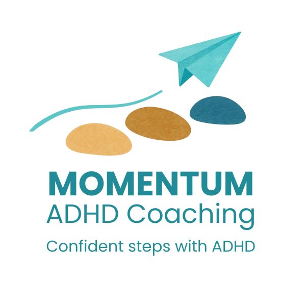 Logo for Momentum ADHD Coaching with a paper airplane and stepping stones.