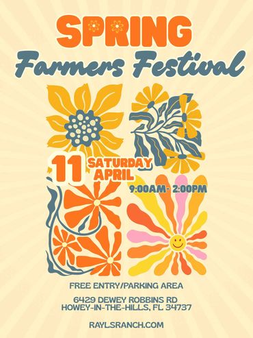 Colorful poster for Spring Farmers Festival on April 11 from 9 AM to 2 PM.