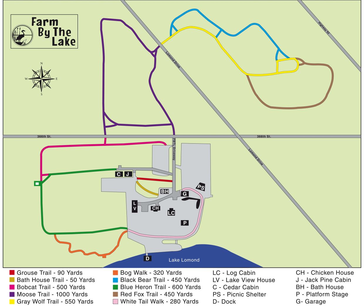 Map of Farm By The Lake showing trails and buildings.