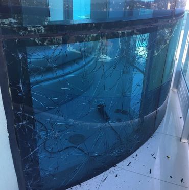 Cracked blue glass panel with spiderweb-like fractures on a balcony.