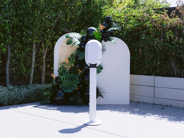 Modern white pedestal with decorative black balloons and tropical leaves in garden.