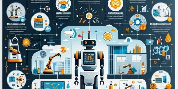 Illustration of interconnected robotics and AI technologies in a futuristic setting.