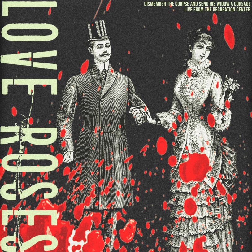 Vintage couple illustration with red splatters and bold text.