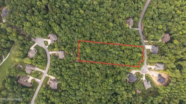 A wooded plot of land outlined in red in a residential neighborhood.