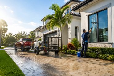 Person cleaning house windows with equipment.
