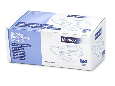 Box of Medico surgical face masks, Level 2.