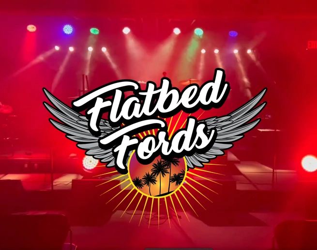 Flatbed Fords band logo with wings and palm trees over a red-lit stage.