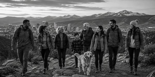 A diverse group hiking with a dog against a mountain city backdrop.