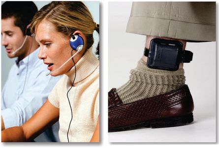 Customer service workers wearing headsets with microphones for communication.