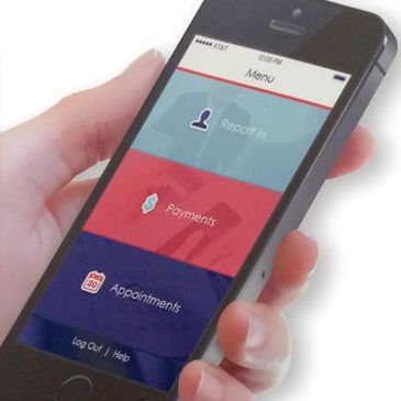 Hand holding a smartphone displaying the SuperVision app with options for reports, payments, and appointments.