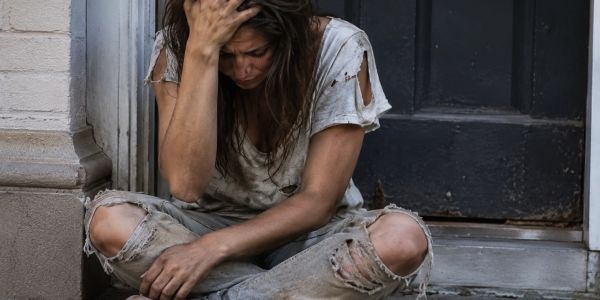 A distressed woman sitting on a step, wearing torn clothes.