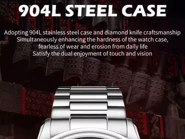 904L steel case with diamond knife finish – scratch-resistant, durable, and elegant watch construction.