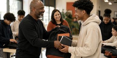 Teacher giving supplies to happy student in classroom.