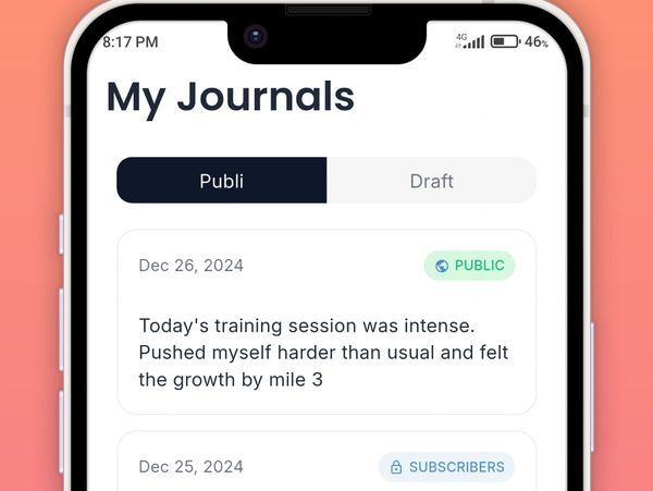 Mobile app showing journal entries with public and subscriber status.