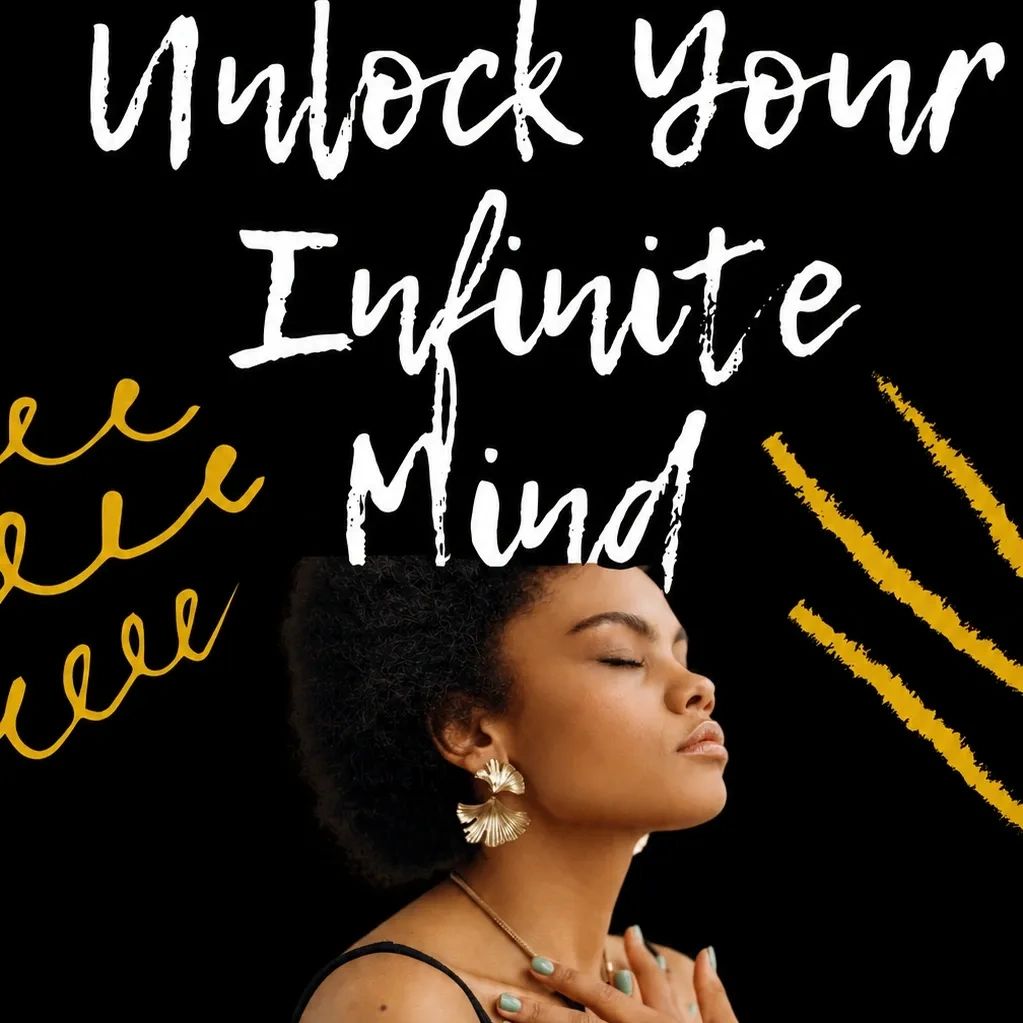 Woman in deep meditation with the phrase 'Unlock Your Infinite Mind'.