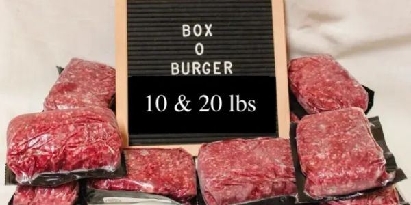 Packages of ground beef labeled as Box O Burger, weighing 10 and 20 pounds.