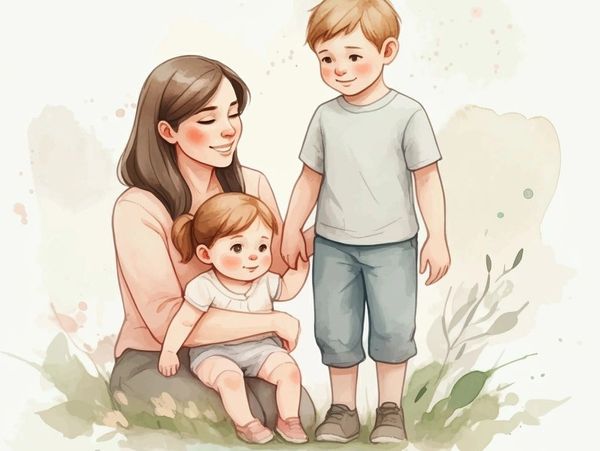 A mother lovingly holding her baby with an older child standing beside them.