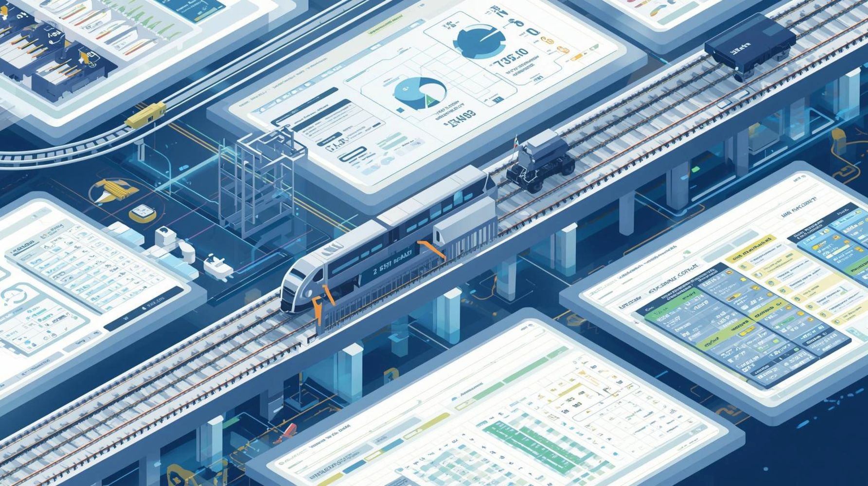 Futuristic trains run on elevated tracks surrounded by giant digital data screens.