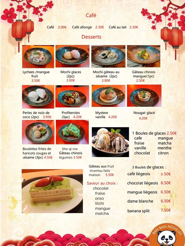 Menu of café and Asian-inspired desserts with prices in euros.