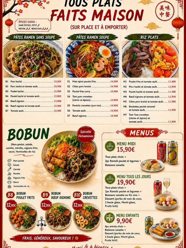 Menu of homemade Asian dishes including ramen, rice plates, and Vietnamese bobun with various meat options.