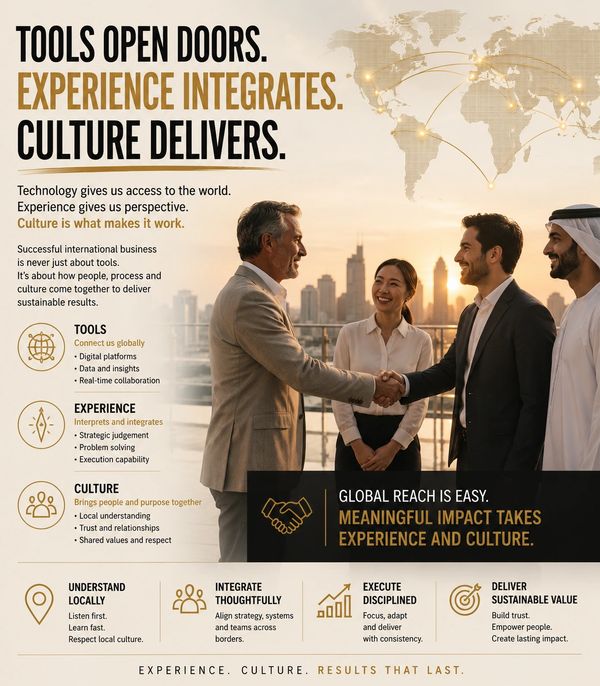 Business handshake symbolizing global collaboration through tools, experience, and culture.