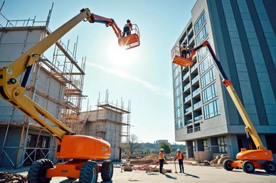 Construction workers on elevated platforms working near a building.