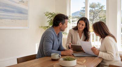 A couple discussing documents with a consultant at a wooden table.