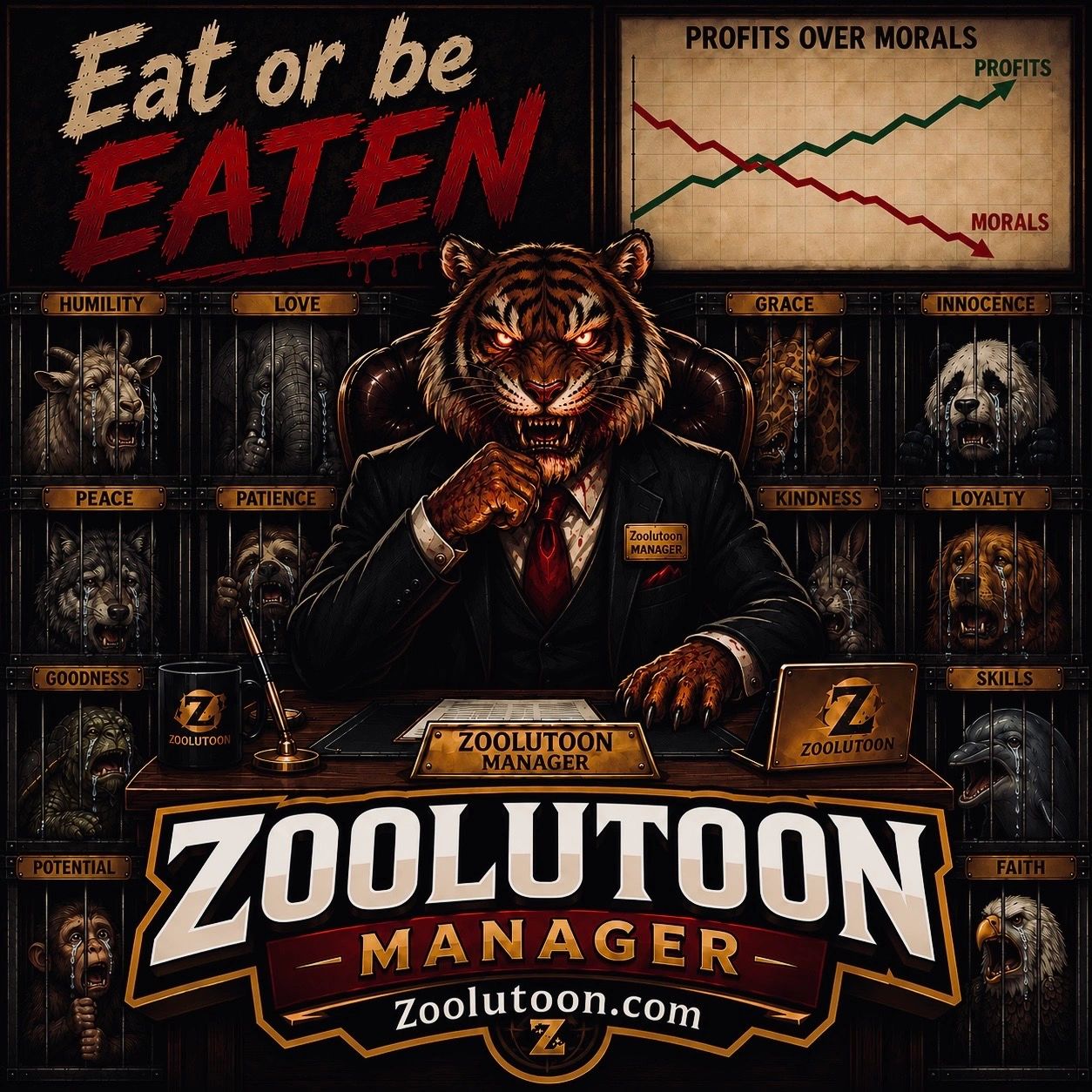 A fierce demonic tiger manager oversees imprisoned animals labeled with virtues, under the slogan 'Eat or be Eaten.'