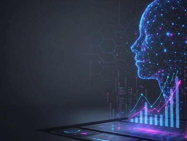 Digital human head hologram with data charts emerging from devices.