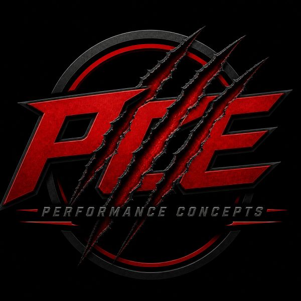 Red and black PCE Performance Concepts logo with claw marks.