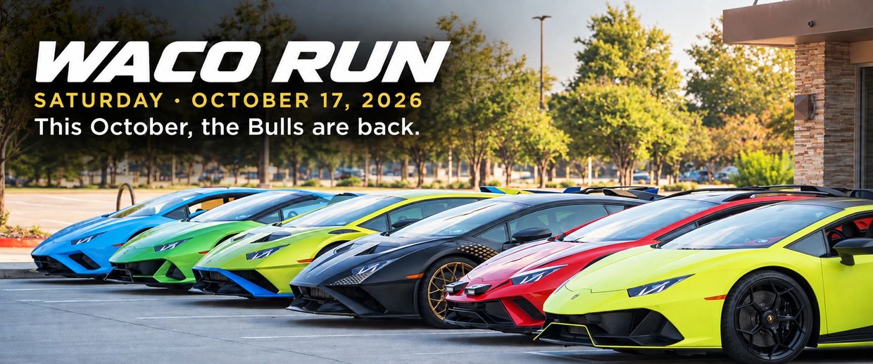 Lineup of colorful Lamborghinis for Waco Run event on October 17, 2026.