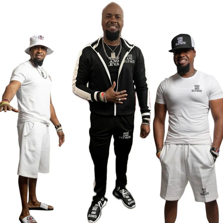 Three men in stylish casual outfits with Rise and Elevate logos.