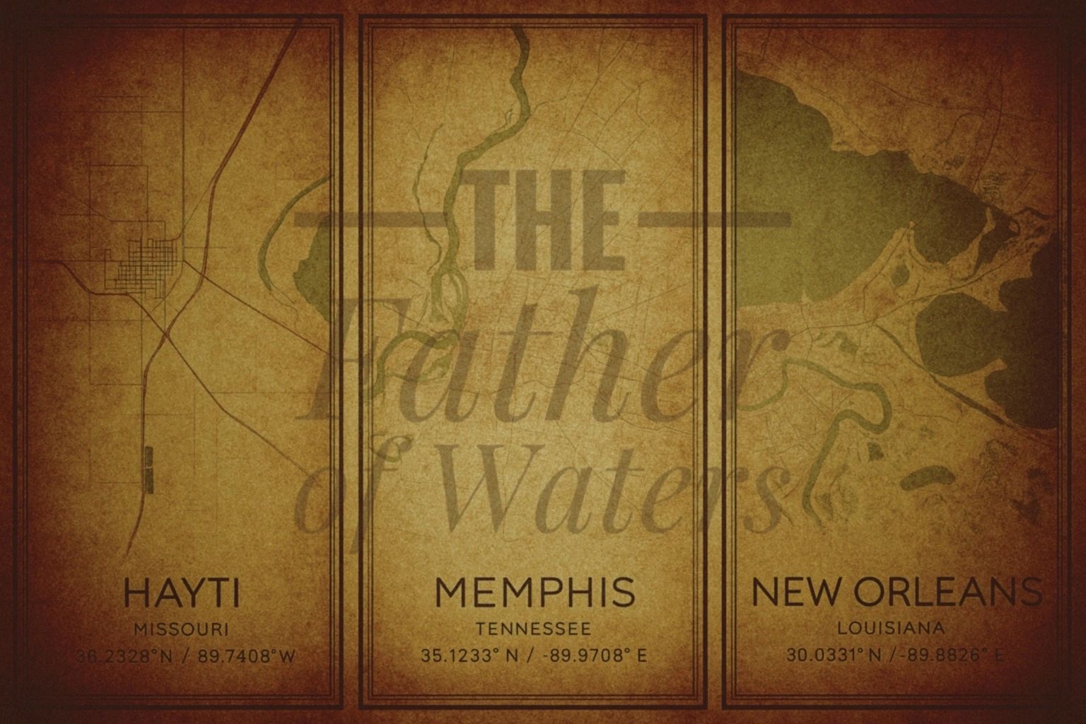 Vintage map panels of Hayti, Memphis, and New Orleans with coordinates.