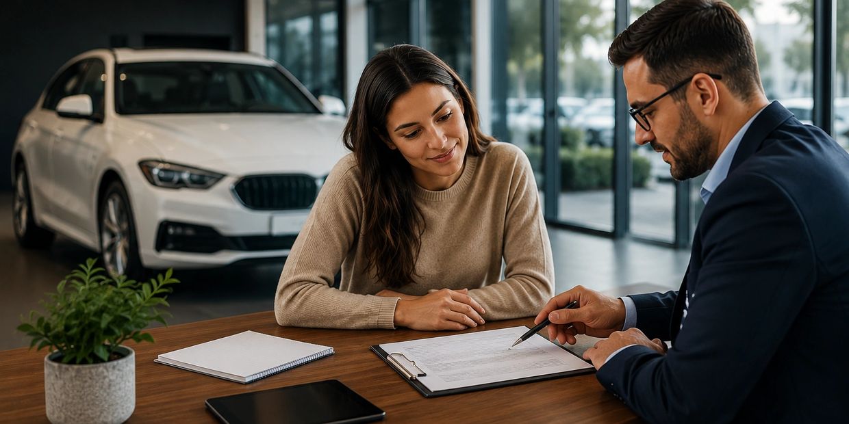 Car dealership consultation with a customer reviewing documents.