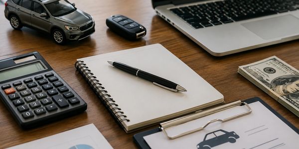 Desk setup with car model, calculator, and notebook for auto financing tasks.