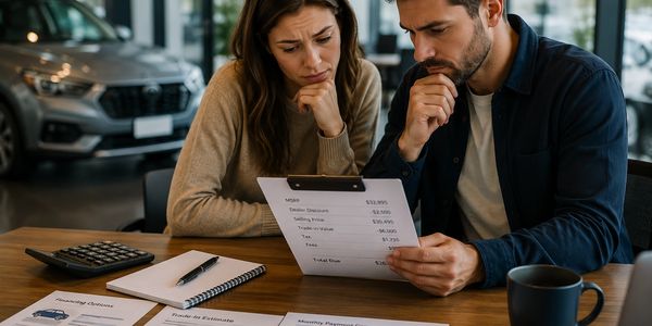 A couple reviews car financing details with concern in a dealership.