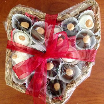 Ohio basket with buckeye candy in milk, dark, and white chocolate.