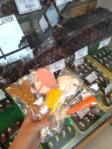 suckers and molded candy milk chocolate peanut butter bunny lamb carrot chick egg