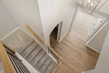 Modern staircase with carpeted steps and wooden handrails leading to a light wood floor entryway.