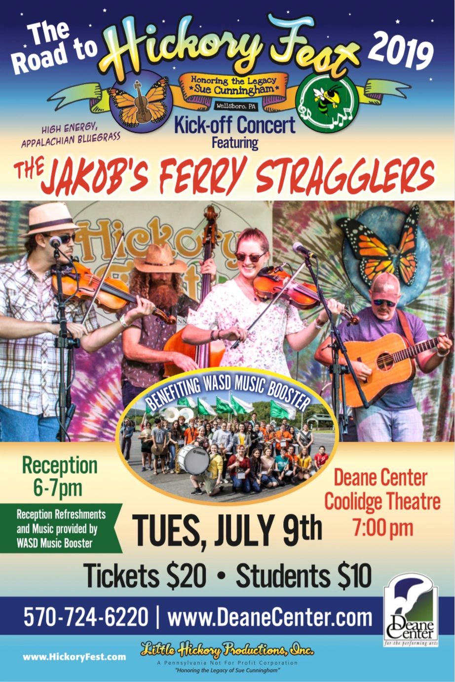 Poster for Hickory Fest 2019 featuring Jakob's Ferry Stragglers and WASD Music Booster event.