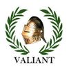 A golden knight helmet with green laurel wreath and 'VALIANT' text.