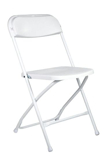Simple white folding chair with metal frame and plastic seat.