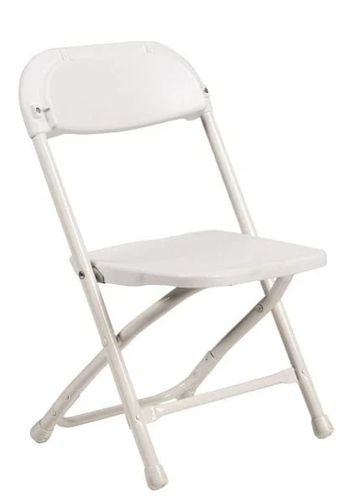 Simple white folding chair with metal frame and plastic seat.