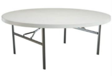 A round white folding table with metal legs.