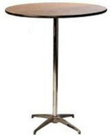 Round wooden table with metal pedestal base and four-legged support.